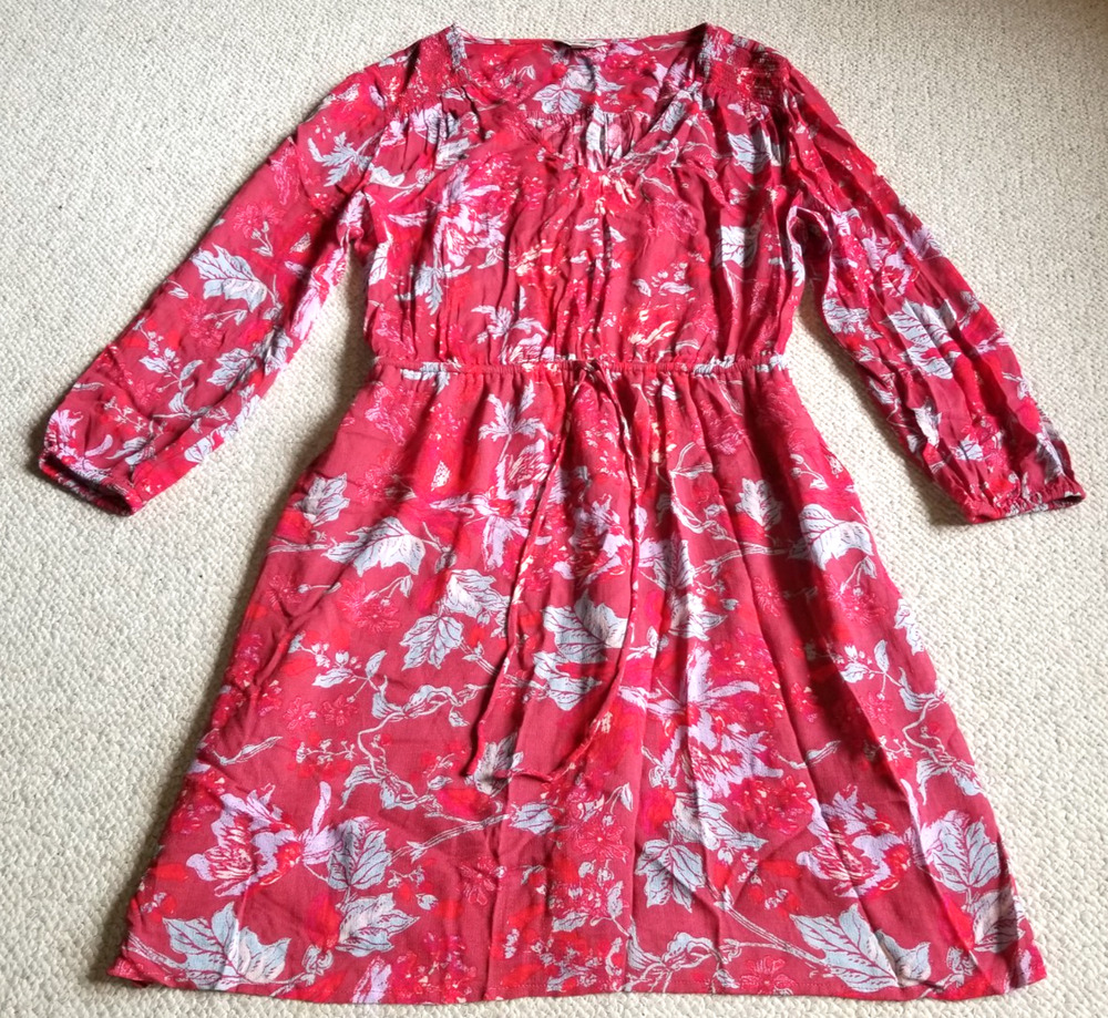 Womens Dress-LUCKY BRAND-red floral flowy rayon drawstring waist Cottagecore-S
